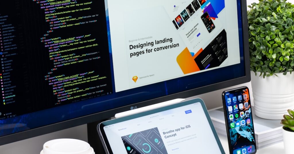 htmx server side renaissance - Web development workspace with responsive design on multiple screens